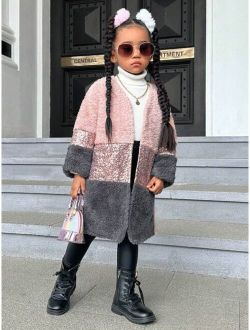 Kids Cooltwn Young Girl Color Block Open Front Teddy Coat