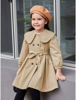 Little Girls' Double-breasted Coat With Large Lapel, Puff Sleeve And Tie For Waist Decoration