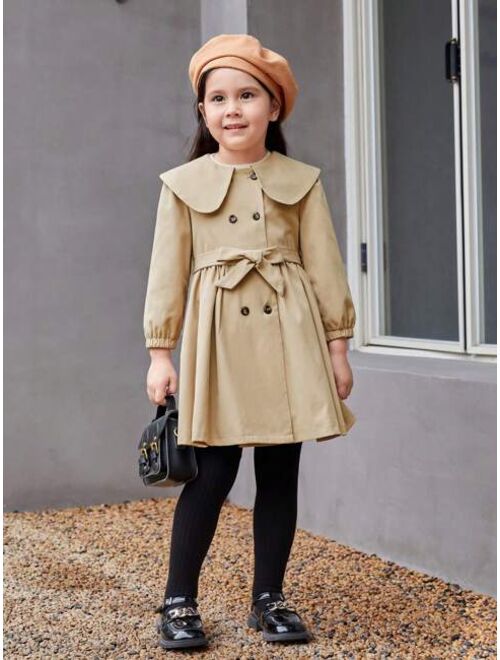 SHEIN Little Girls' Double-breasted Coat With Large Lapel, Puff Sleeve And Tie For Waist Decoration