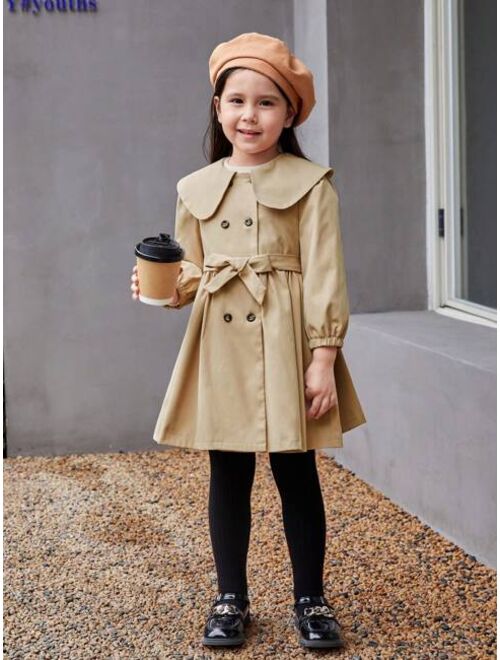 SHEIN Little Girls' Double-breasted Coat With Large Lapel, Puff Sleeve And Tie For Waist Decoration