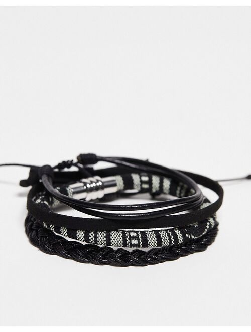 ASOS DESIGN 4 pack leather and woven bracelet in monochrome