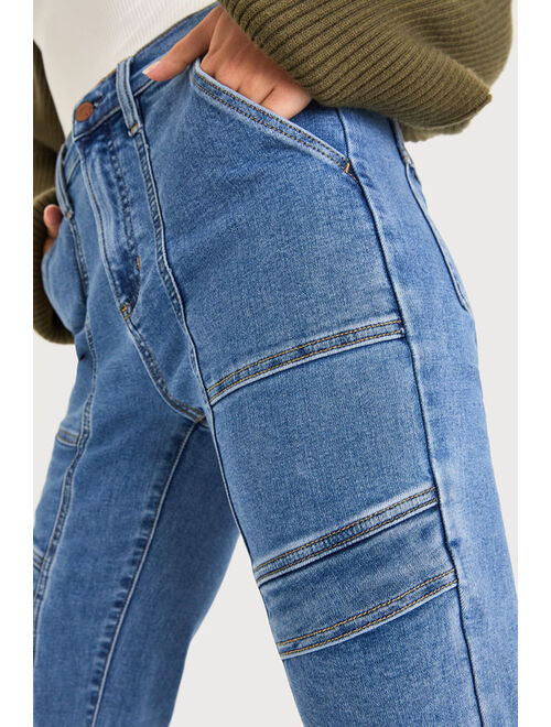 Lulus Ready to Vibe Medium Wash High-Rise Straight Leg Cargo Jeans
