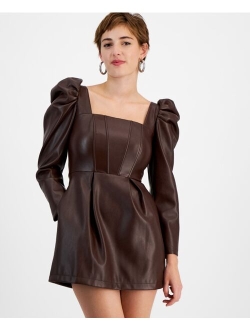 AVEC LES FILLES Women's Faux-Leather Puff-Sleeve Corset Dress