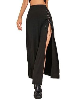 Women's Lace Up Front High Waist Split Thigh A Line Long Skirt