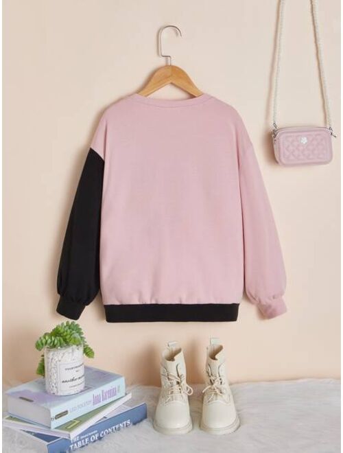 SHEIN Kids EVRYDAY Girls Contrast Sequins Colorblock Drop Shoulder Sweatshirt