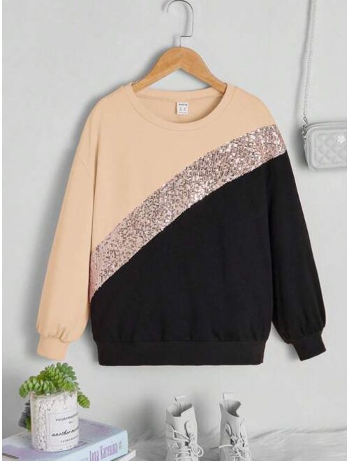 SHEIN Kids EVRYDAY Girls Contrast Sequins Colorblock Drop Shoulder Sweatshirt