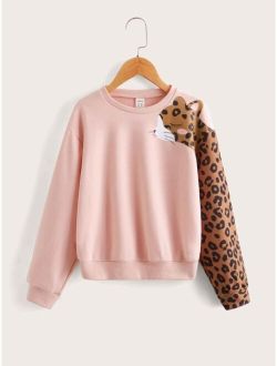 Kids QTFun Girls Leopard Print Drop Shoulder Pullover