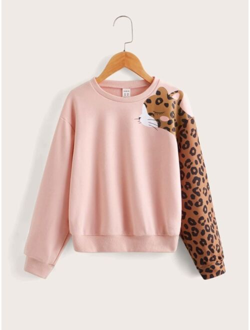SHEIN Kids QTFun Girls Leopard Print Drop Shoulder Pullover