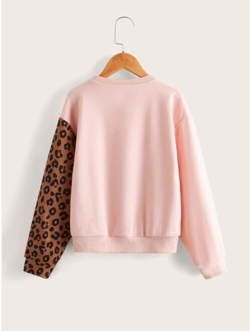 SHEIN Kids QTFun Girls Leopard Print Drop Shoulder Pullover