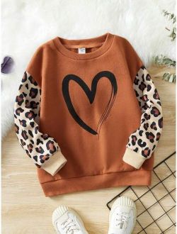 Tween Girl Heart Leopard Print Drop Shoulder Sweatshirt