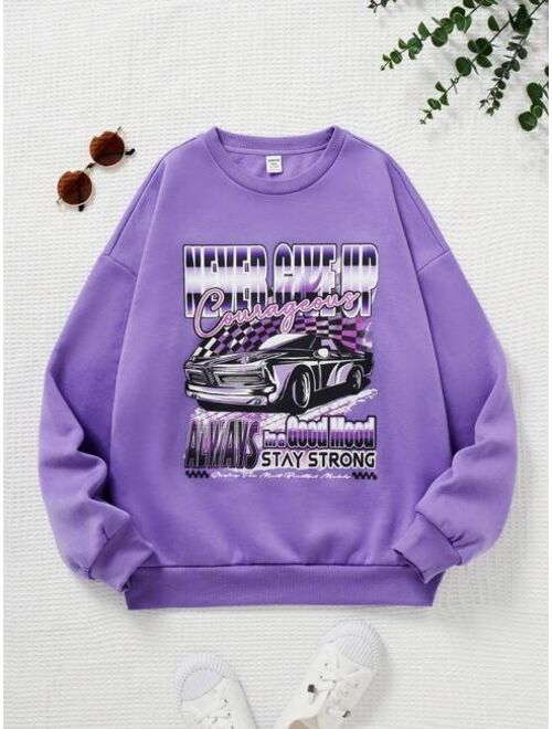 SHEIN Teen Girl Car Letter Graphic Drop Shoulder Pullover