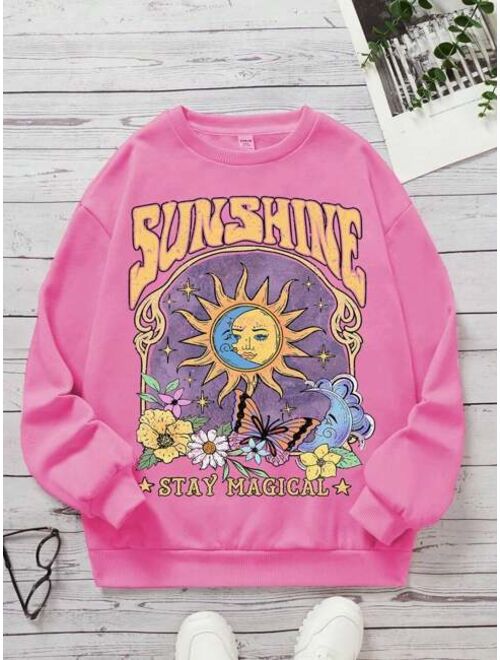 SHEIN Teen Girl Sun Letter Graphic Drop Shoulder Pullover