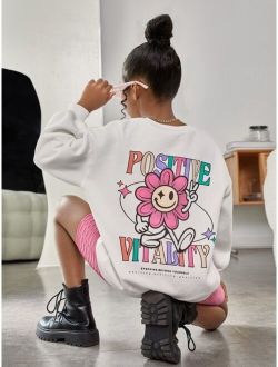 Kids Cooltwn Girls Slogan Cartoon Graphic Drop Shoulder Thermal Sweatshirt