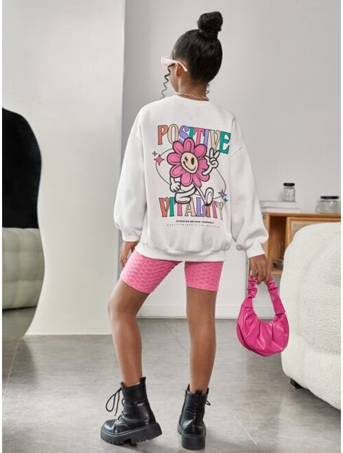 SHEIN Kids Cooltwn Girls Slogan Cartoon Graphic Drop Shoulder Thermal Sweatshirt