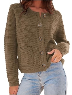 Womens 2023 Cardigan Sweaters Fall Open Front Button Down Long Sleeve Pockets Casual Chunky Knit Shirt Outerwear