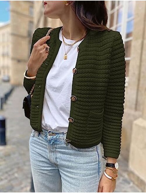 PRETTYGARDEN Womens 2023 Cardigan Sweaters Fall Open Front Button Down Long Sleeve Pockets Casual Chunky Knit Shirt Outerwear