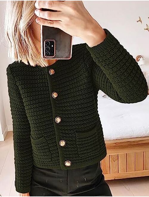 PRETTYGARDEN Womens 2023 Cardigan Sweaters Fall Open Front Button Down Long Sleeve Pockets Casual Chunky Knit Shirt Outerwear