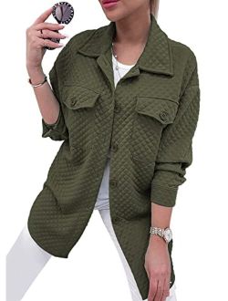 Women's 2023 Winter Quilted Jackets Lapel Coat Outerwear Casual Long Sleeve Button Down Blouse Shirts Tops