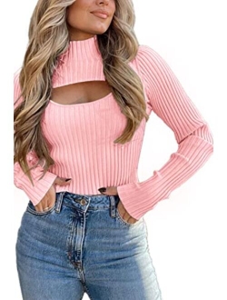 Women's 2023 Fashion Fall Clothes 2 Piece Cutout Tops Long Sleeve Mock Neck Rib Knit Winter Pullover Sweater