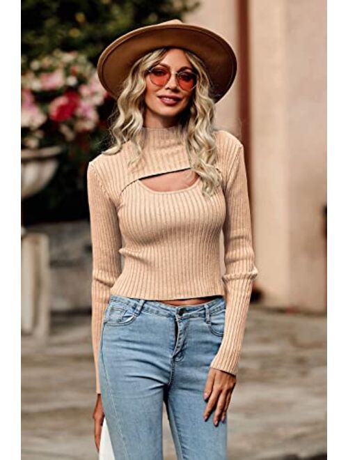 PRETTYGARDEN Women's 2023 Fashion Fall Clothes 2 Piece Cutout Tops Long Sleeve Mock Neck Rib Knit Winter Pullover Sweater