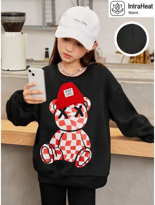 SHEIN Tween Girl Bear Print Drop Shoulder Thermal Lined Sweatshirt