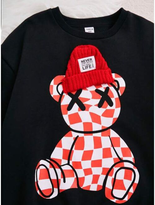 SHEIN Tween Girl Bear Print Drop Shoulder Thermal Lined Sweatshirt
