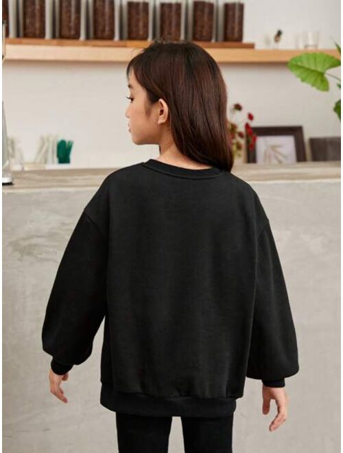 SHEIN Tween Girl Bear Print Drop Shoulder Thermal Lined Sweatshirt