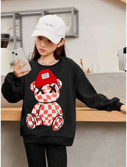 SHEIN Tween Girl Bear Print Drop Shoulder Thermal Lined Sweatshirt