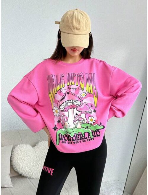 Teen Girls Mushroom Slogan Graphic Drop Shoulder Pullover