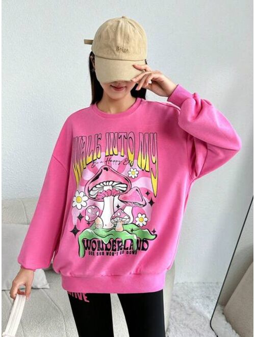 Teen Girls Mushroom Slogan Graphic Drop Shoulder Pullover