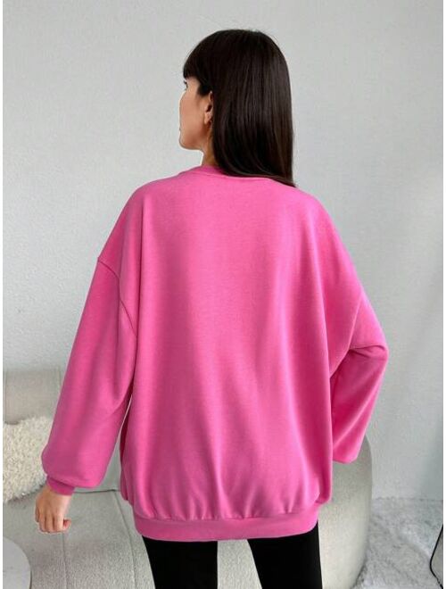 Teen Girls Mushroom Slogan Graphic Drop Shoulder Pullover