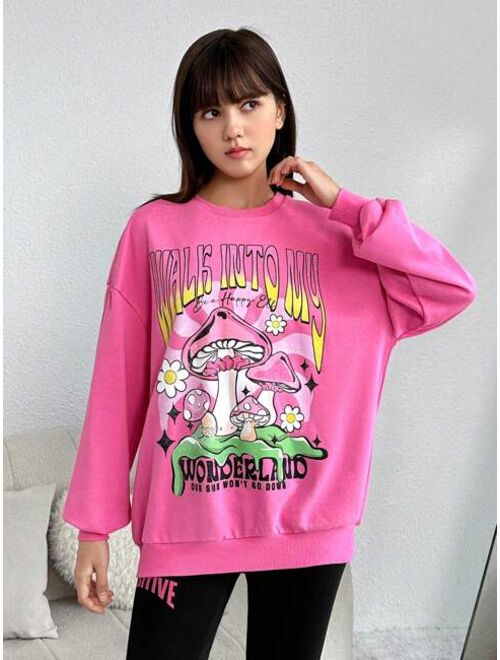 Teen Girls Mushroom Slogan Graphic Drop Shoulder Pullover