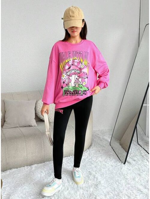 Teen Girls Mushroom Slogan Graphic Drop Shoulder Pullover