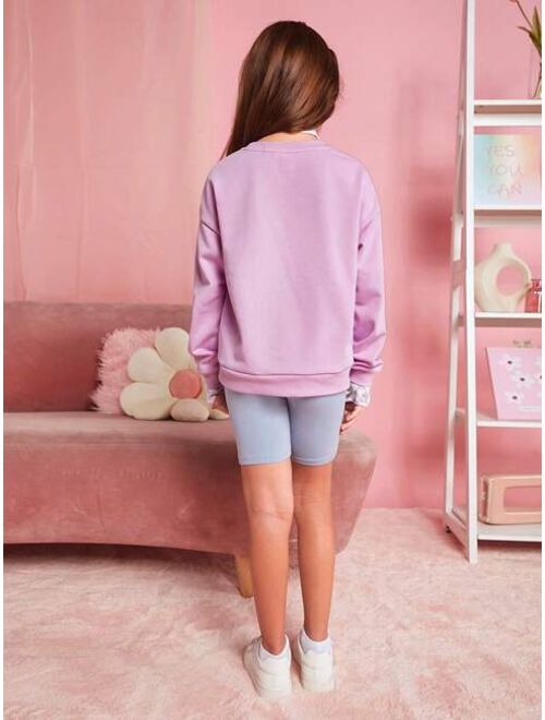 THE POWERPUFF GIRLS X SHEIN Tween Girl Cartoon Graphic Drop Shoulder Pullover Without Scarf