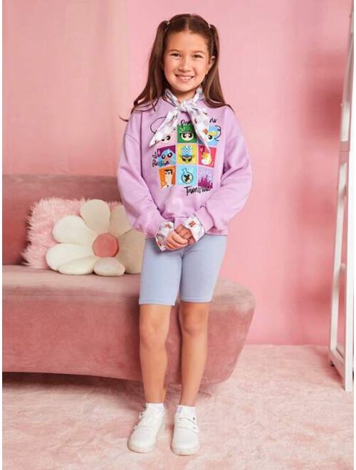 THE POWERPUFF GIRLS X SHEIN Tween Girl Cartoon Graphic Drop Shoulder Pullover Without Scarf