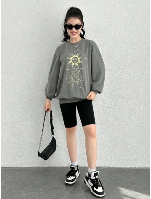 Teen Girl Sun Moon Print Drop Shoulder Sweatshirt