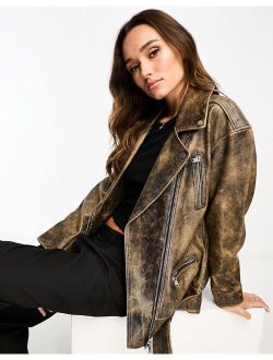 premium washed real leather oversized moto jacket in brown