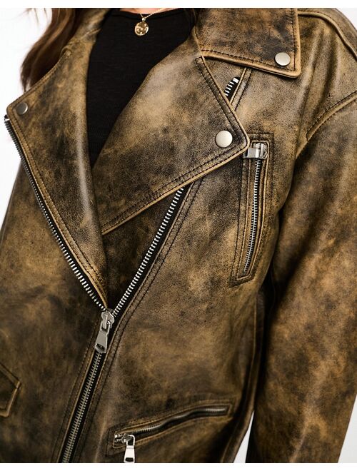 ASOS DESIGN premium washed real leather oversized moto jacket in brown