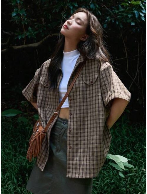 DAZY Plaid Print Drop Shoulder Shirt