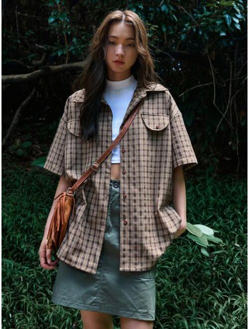 DAZY Plaid Print Drop Shoulder Shirt