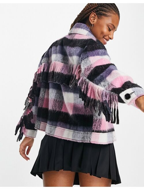 Miss Selfridge fringe shacket in pink check