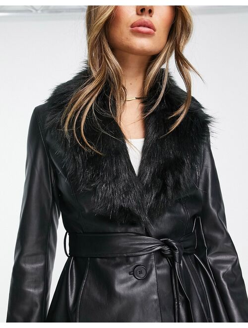 French Connection PU tie waist jacket with faux fur collar in black - BLACK