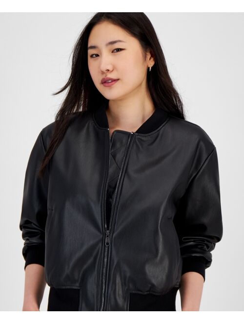 BAR III Women's Faux-Leather Bomber Jacket, Created for Macy's