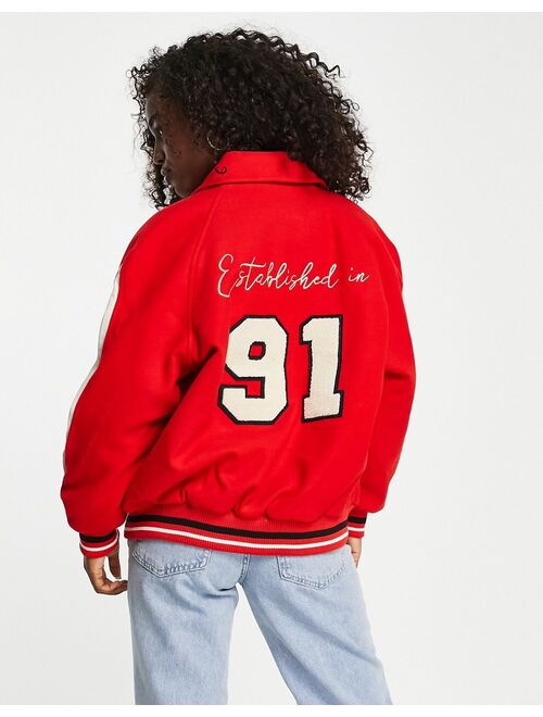 Pull&Bear varisity bomber with collar and embroidery detail in red