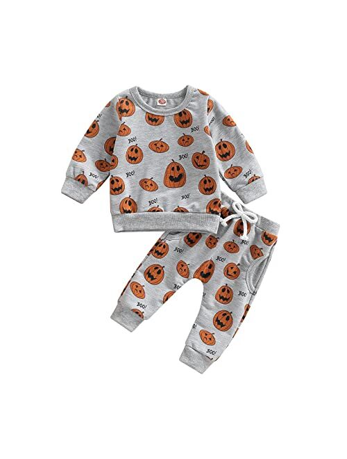 GuliriFei Toddler Baby Girl Halloween Outfit Pumpkin Print Long Sleeve Sweatshirts and Pants Set 2Pcs Fall Winter Clothes