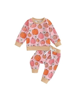 AEEMCEM Toddler Baby Girl Halloween Outfit Pumpkin Floral Print Sweatshirt Top Elastic Waist Pants Set Cute Halloween Clothes