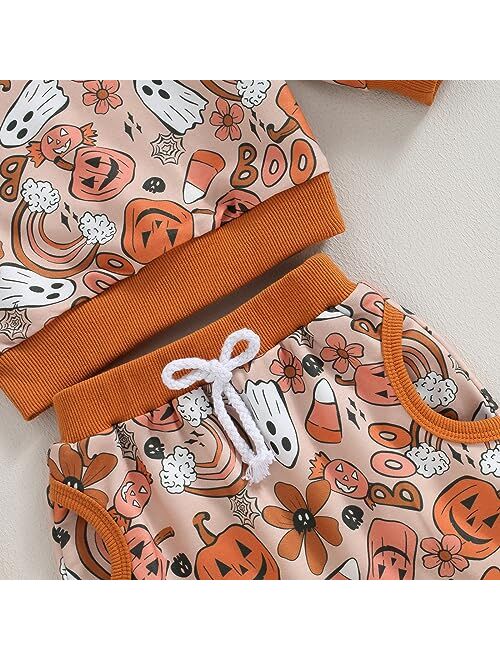 AEEMCEM Toddler Baby Girl Halloween Outfit Pumpkin Floral Print Sweatshirt Top Elastic Waist Pants Set Cute Halloween Clothes