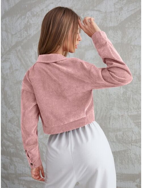 SHEIN Mulvari Corduroy Flap Pocket Button Up Crop Jacket