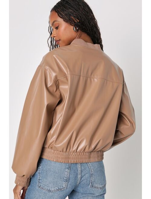 Lulus Iconic Essence Brown Vegan Leather Bomber Jacket