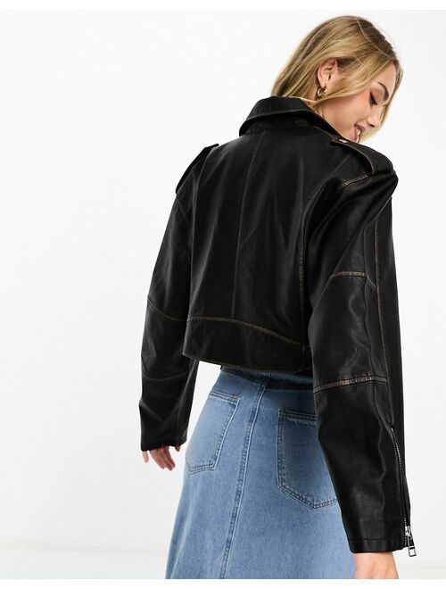 Pull&Bear oversized fit faux leather vintage wash biker jacket in black